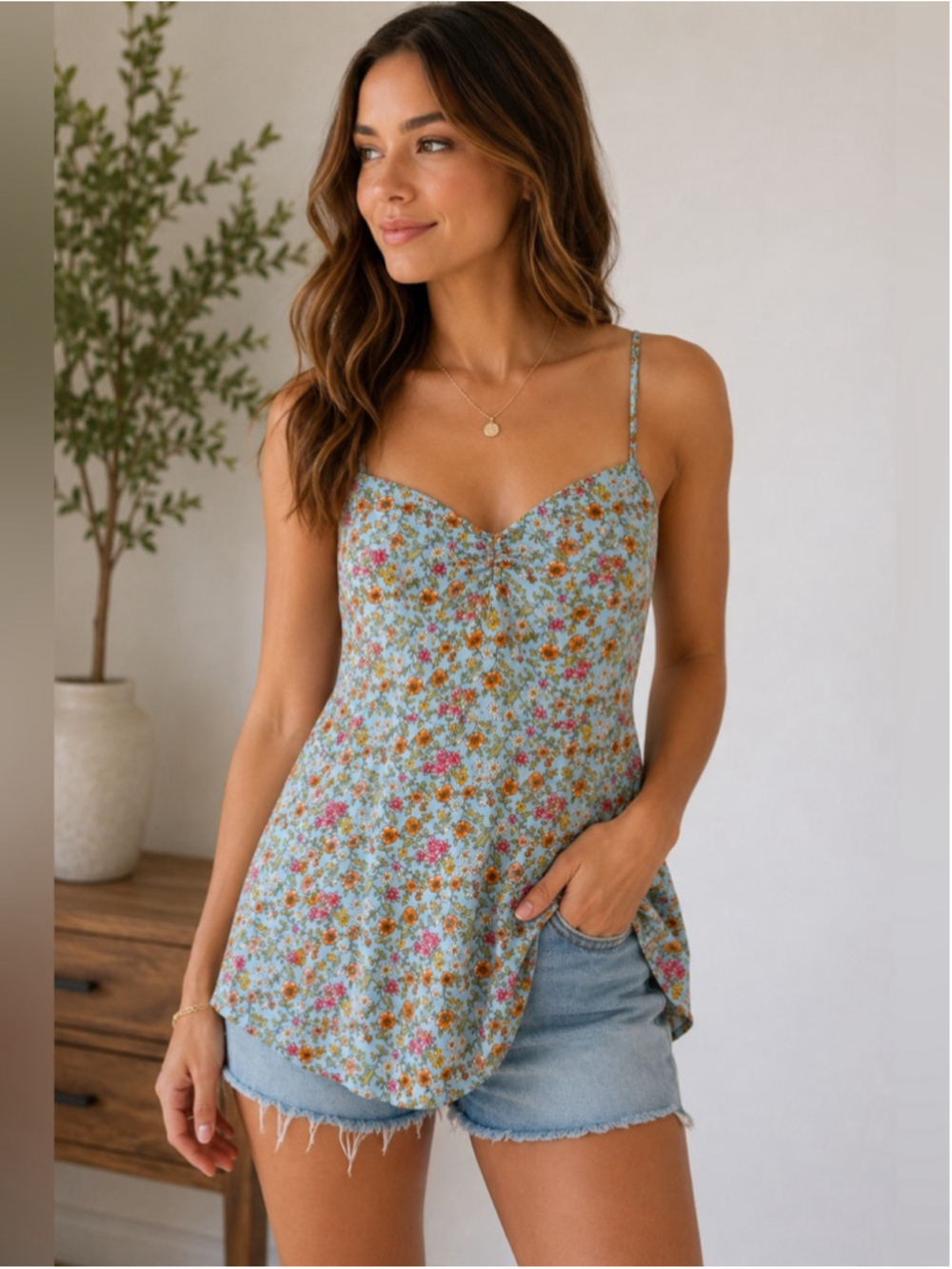 Forever 21 Blue Floral Spaghetti-Strap Tunic Top Size M Boho Cottagecore